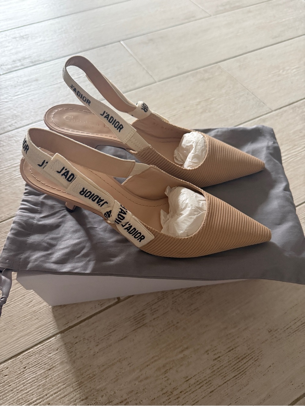 Dior J'Adior Beige Pointed Slingback Kitten Heel Mules